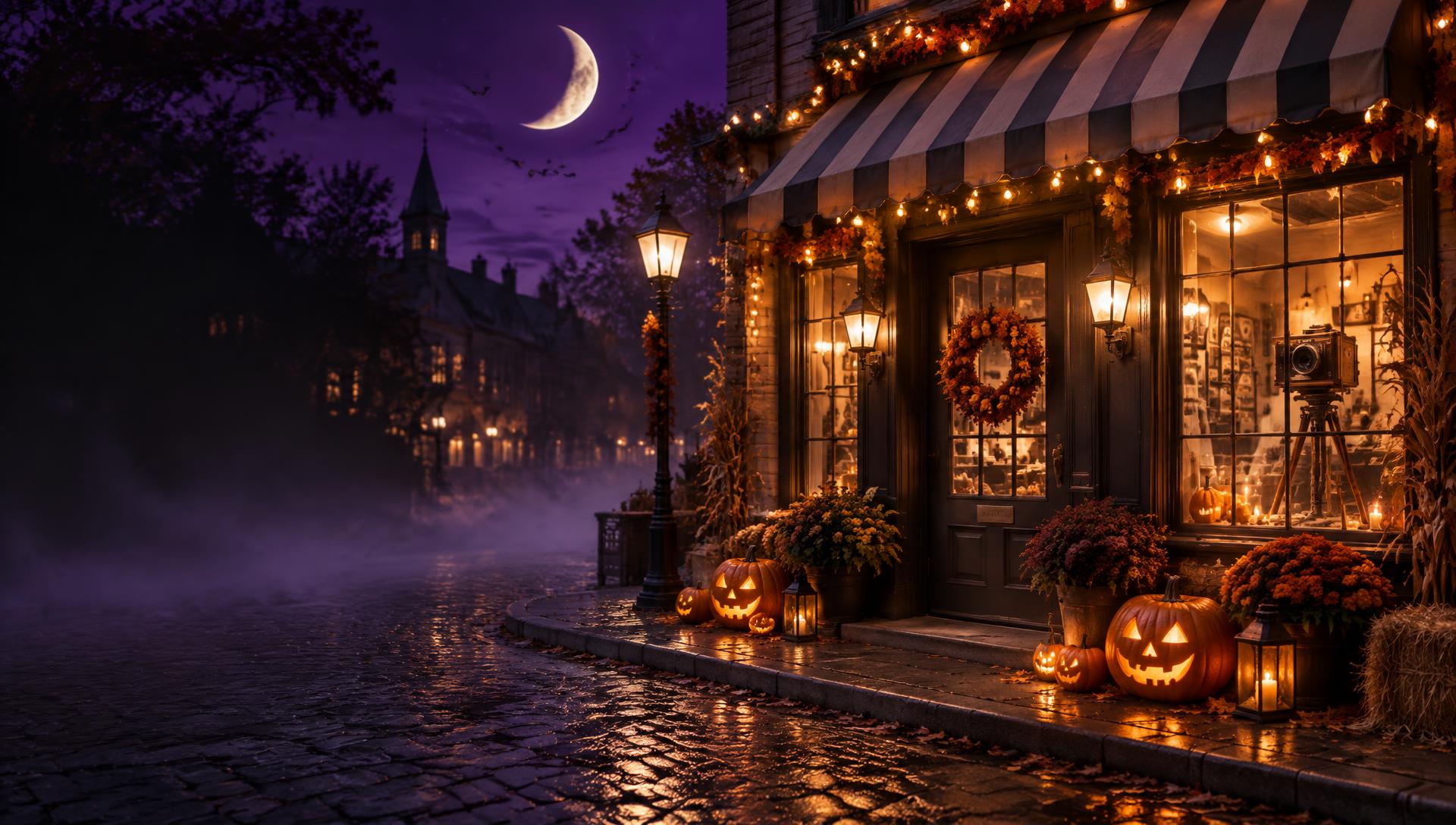 Glowing Halloween storefront on Main Street under a crescent moon